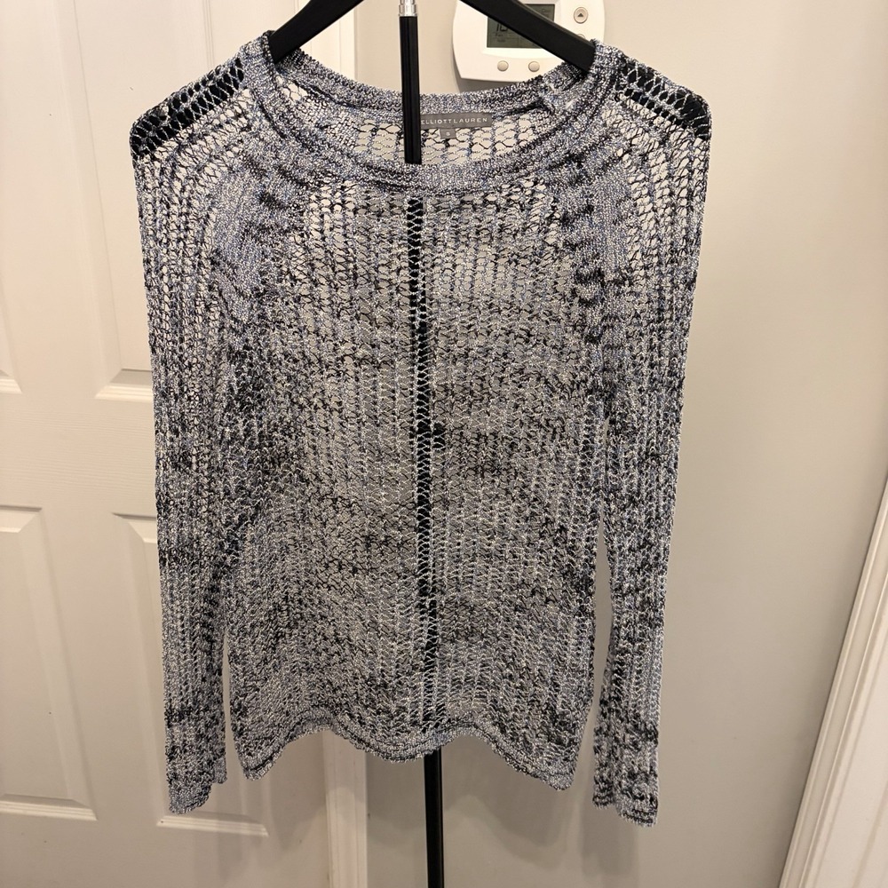 Elliott Lauren Metallic Open Knit Sweater Small Sheer Pullover Casual Luxury EUC
